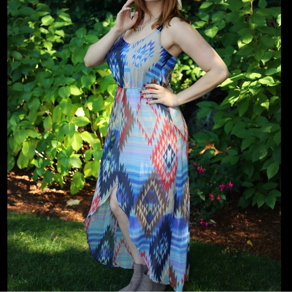 ✨ Xhilaration Sheer Lined Aztec Blue Braided Strap Maxi Dress XXL